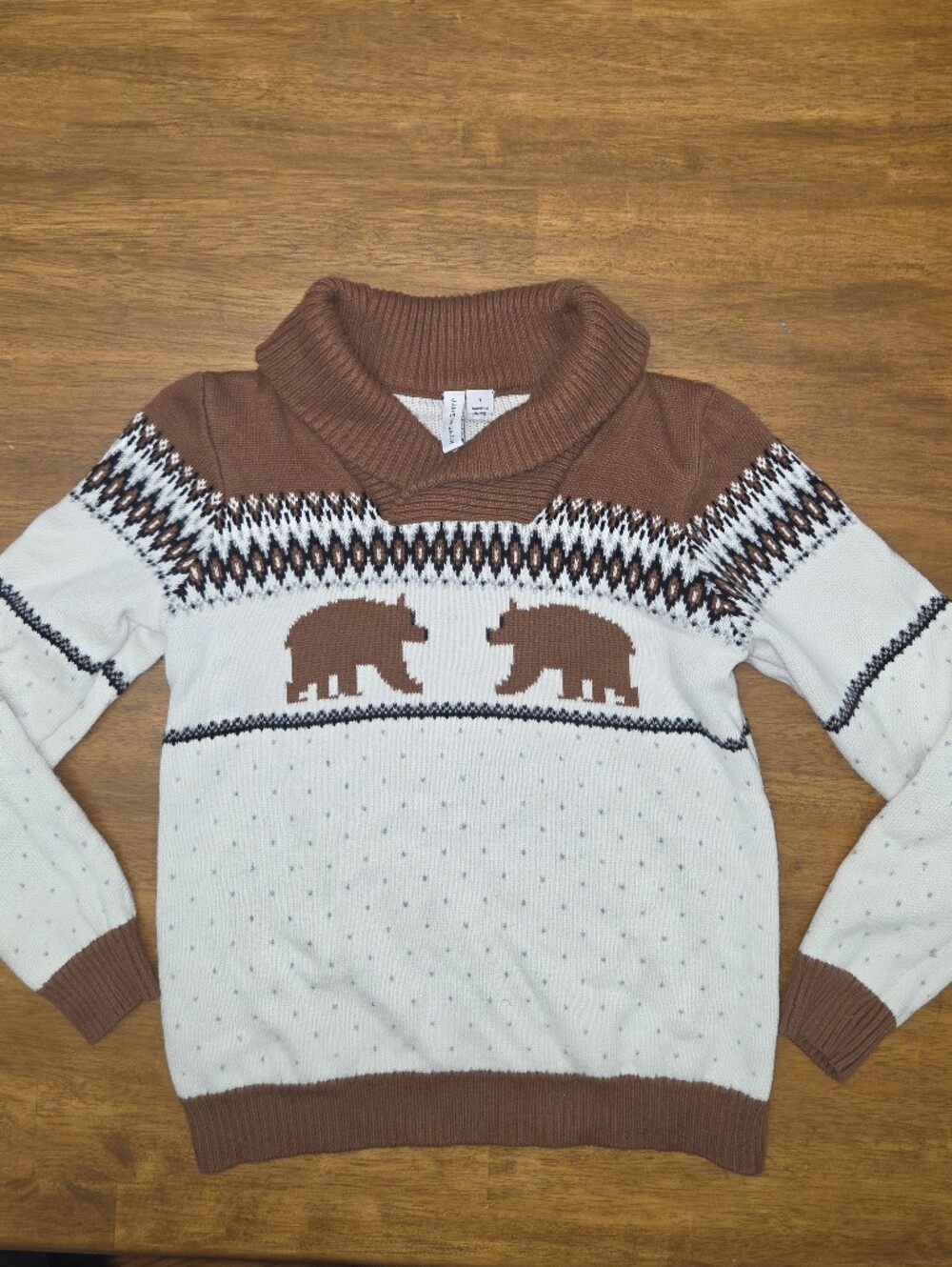 JANIE & JACK Boys Brown & Cream Sweater Accent Bears, High Folded Collar, Size 7